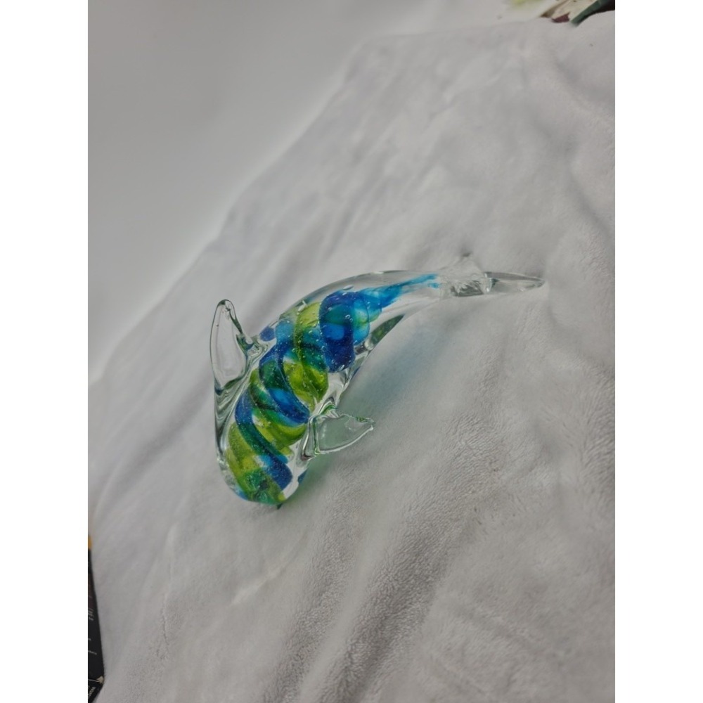 Multi Color Glass Dolphin 7.5 Inches Green And Blue Swirl